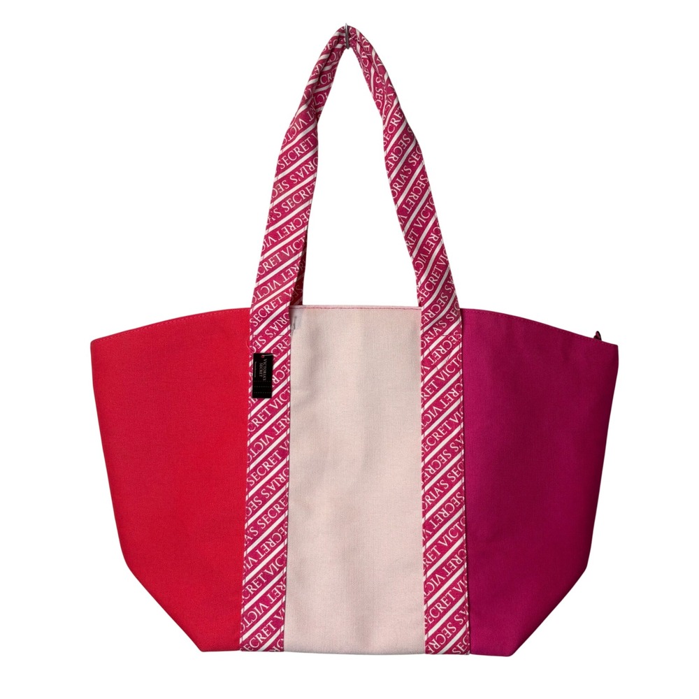 Victorias Secret Pink Red Colorblock Canvas Tote Bag Zip Top Large NWT